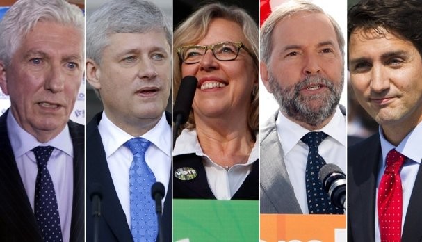 Party Leaders for the 2015 Election: Jean Duceppe, Stephen Harper, Elizabeth May, Thomas Mulcair, Justin Trudeau