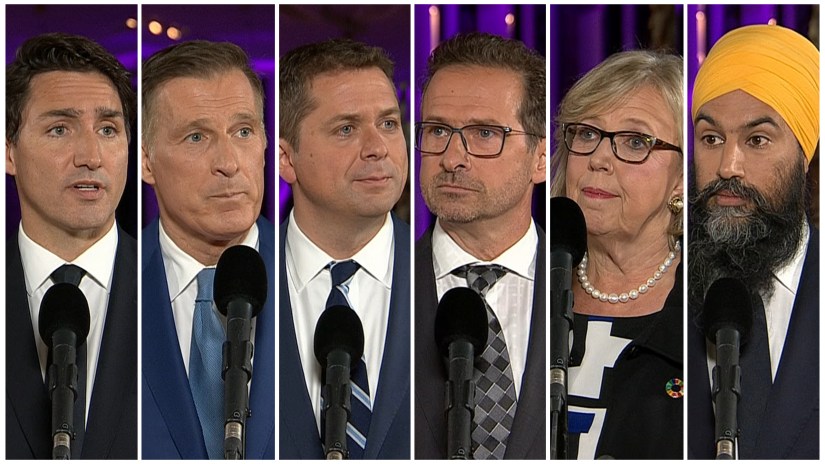 Party Leaders for the 2019 Election: Justin Trudeau, Maxime Bernier, Andrew Scheer, Yves-François Blanchet, Elizabeth May, Jagmeet Singh