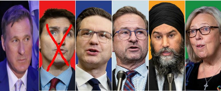 Party leaders for the expected 2025 Election: Maxime Bernier, NOT Justin Trudeau, Pierre Poilièvre, Yves-François Blanchet, Jagmeet Singh, Elizabeth May