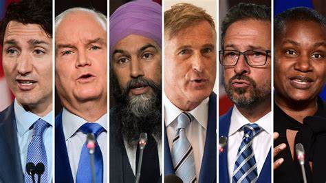 Party Leaders for the 2021 Election: Justin Trudeau, Erin O'Toole,  Jagmeet Singh, Maxime Bernier, Yves-François Blanchet, Annamie Paul